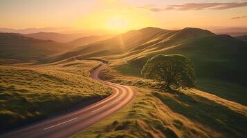 ai generato resiliente albero abbraccia modificare nel tramonto splendore in mezzo lussureggiante verde colline foto