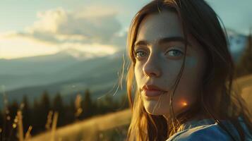 ai generato donna guardando a mozzafiato montagna paesaggio nel morbido naturale leggero foto