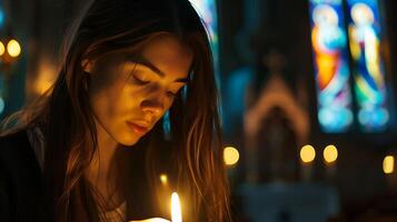 ai generato giovane donna illuminante candela nel debolmente illuminato Chiesa con macchiato bicchiere e religioso simboli foto