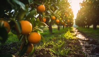 ai generato fresco arancia frutta su un' soleggiato albero ramo generato di ai foto