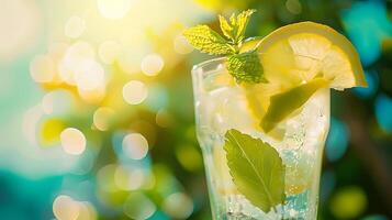 ai generato rinfrescante ghiacciato limonata con Limone fetta e menta contro luminosa all'aperto terrazza sfondo foto