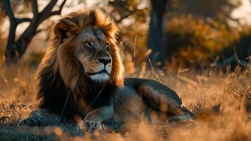 ai generato maestoso Leone riposo nel d'oro savana catturato con intenso sguardo nel teleobiettivo avvicinamento foto