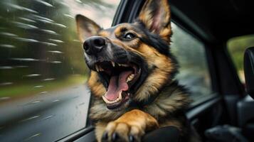 ai generato Tedesco pastore cane con gioia bastoni testa su di auto finestra. ai generato. foto