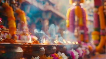 ai generato tradizionale indù sacerdote esegue colorato tempio cerimonia con fiore offerte foto