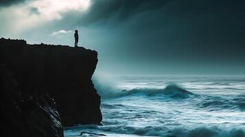 ai generato resiliente figura abbraccia tramonto al di sopra di turbolento mare trasudante calma forza in mezzo incertezza foto