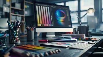 ai generato progettisti scrivania creativo utensili e colore campioni illuminato di morbido naturale leggero foto