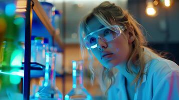 ai generato femmina scienziato conduce sperimentare scrosciante blu liquido nel laboratorio circondato di scientifico attrezzatura e colorato sostanze chimiche foto