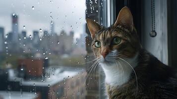 ai generato curioso soriano gatto sguardi a città orizzonte attraverso finestra incorniciato di 50mm lente foto