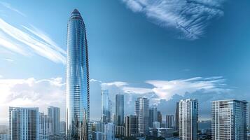 ai generato futuristico grattacielo riflette blu cielo circondato di urbano paesaggio catturato con teleobiettivo lente foto