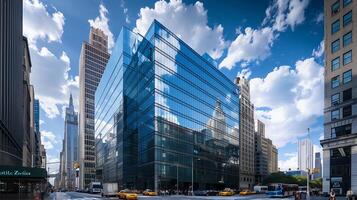 ai generato elegante bicchiere ufficio edificio riflette urbano orizzonte centrato largo tiro catturato con teleobiettivo lente foto