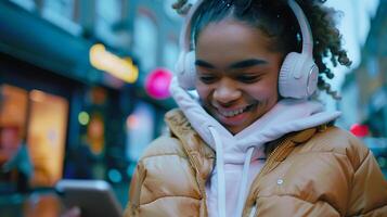 ai generato giovane donna gode senza fili musica momento con smartphone sorrisi foto