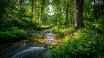 ai generato tranquillo foresta oasi sereno yoga e meditazione in mezzo nature bellezza foto