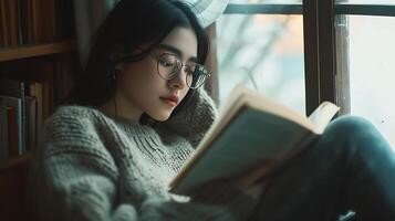 ai generato giovane donna sorrisi nel accogliente casa ufficio con il computer portatile e cuffie bagnata nel morbido naturale leggero foto