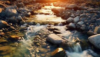 ai generato tramonto al di sopra di il tranquillo fluente acqua, natura bellezza generato di ai foto