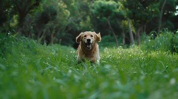 ai generato d'oro cane da riporto scherza attraverso lussureggiante campo abbellito con vivace fiori selvatici e morbido naturale leggero foto