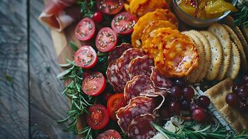 ai generato sontuoso salumi tavola vetrine assortito formaggi carni e fresco frutta su rustico di legno servendo piatto foto