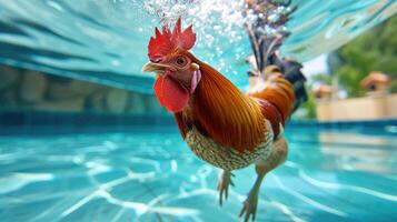 ai generato divertente subacqueo scena Gallo nel piscina giochi in profondità tuffo azione, ai generato. foto