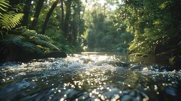 ai generato lussureggiante fiume fluente attraverso illuminata dal sole foresta catturato con largo angolo lente foto