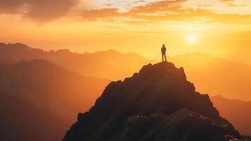 ai generato trionfante silhouette conquista il aspro montagna Abbracciare una persona interno forza a tramonto foto