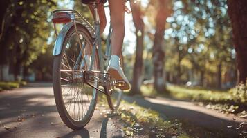 ai generato donna equitazione bicicletta lungo treelined sentiero bagnata nel screziata luce del sole foto