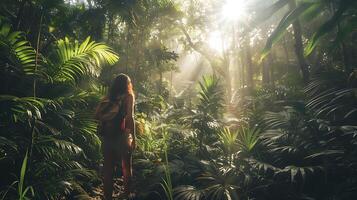 ai generato tropicale foresta avventura zaino in spalla esplora lussureggiante baldacchino con luce del sole filtraggio attraverso incorniciato nel largo tiro foto