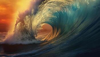 ai generato fare surf il maestoso onda a tramonto, puro divertimento generato di ai foto