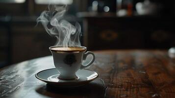 ai generato tradizionale caffè tazza e piattino fumante caffè espresso su rustico di legno tavolo foto