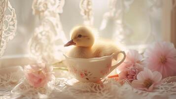 ai generato capriccioso mattina bambino anatroccolo nel tazza di tè tra pastello fiori bagnata nel dolce mattina leggero foto