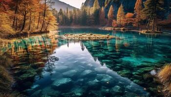 ai generato tranquillo scena di autunno foresta riflette su acqua generato di ai foto