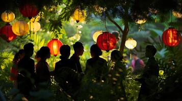 ai generato culturale diversità abbracciato nel sereno giardino ambiance sotto carta lanterne simboleggiante unità nel armonia foto