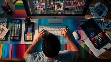 ai generato digitale progettista impegnato con tavoletta e creativo utensili con colore campioni penne e taccuini nel dintorni foto