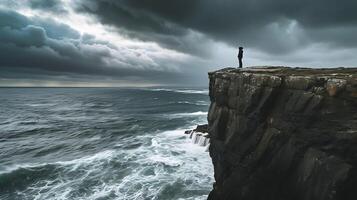 ai generato resilienza solitario figura sta forte su scogliera in mezzo turbolento oceano e drammatico cielo foto