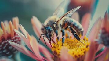 ai generato ape impollinazione macro avvicinamento di colorato fiore e insetto nel morbido naturale leggero foto