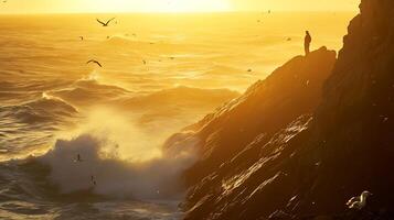 ai generato resilienza a tramonto silhouette sta forte su roccioso scogliera di fronte vasto oceano e turbolento onde foto