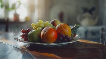 ai generato vivace frutta piatto su legna tavolo avvicinamento cattura colorato textures nel rustico cucina 50mm lente morbido messa a fuoco foto