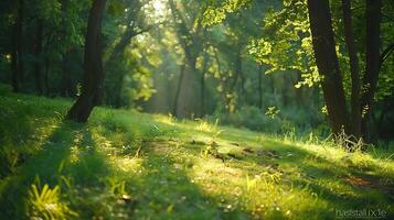 ai generato tranquillo foresta paesaggio bagnata nel luce del sole e morbido ombre catturato con 50mm lente foto