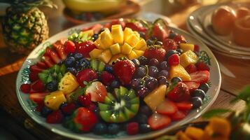 ai generato vivace frutta piatto crea colorato centrotavola nel rustico cucina catturato con 50mm lente foto