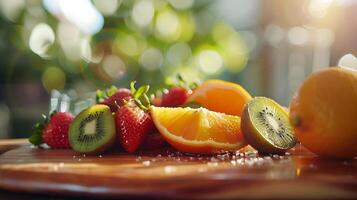 ai generato vivace frutta piatto preparativi con fragole uva Kiwi e arance catturato nel morbido messa a fuoco con 50mm lente foto