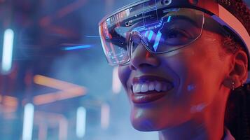 ai generato donna Esperienza virtuale la realtà nel inteligente bicchieri contro futuristico sfondo foto