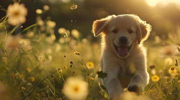 ai generato d'oro cane da riporto cucciolo scherza attraverso illuminata dal sole campo di fiori selvatici catturato nel largo 50mm lente tiro foto