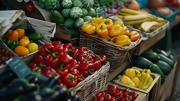 ai generato vivace Vettore di fresco frutta e verdure a Locale agricoltori mercato foto