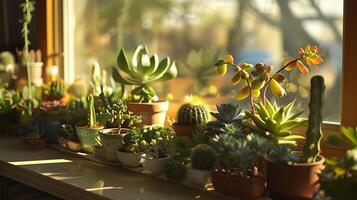 ai generato illuminata dal sole davanzale vanta vivace Vettore di succulente e cactus nel avvicinamento 50mm tiro foto