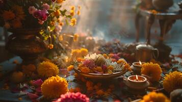 ai generato tradizionale indù puja cerimonia offerte fiori frutta incenso su decorativo altare foto