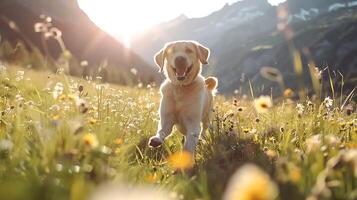 ai generato giocoso labrador recupera gioia nel illuminata dal sole prato con fiori selvatici e montagna fondale foto