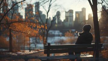 ai generato contemplativo città abitante assorbe solitudine su parco panchina Abbracciare una persona urbano cieli foto