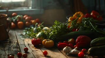 ai generato vivace fresco verdure su rustico tavolo bagnata nel morbido naturale leggero foto