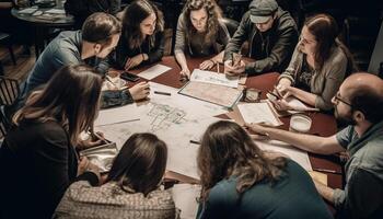 ai generato un' diverso gruppo di persone seduta a un' tavolo, Lavorando insieme generato di ai foto