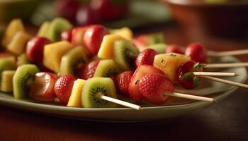 ai generato fresco frutta insalata su di legno tavolo, un' salutare e vivace pasto generato di ai foto