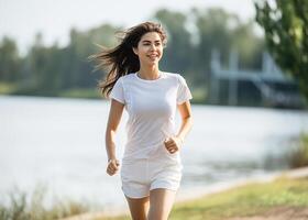 ai generato contento e salutare asiatico giovane donna in esecuzione e jogging foto