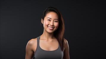 ai generato bellissimo giovane asiatico donna in mostra forza e determinazione nel dinamico allenarsi pose, fitness sessione, isolato contro un' studio sfondo foto